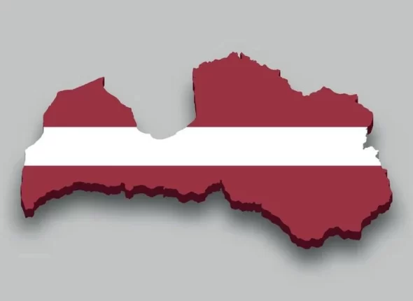 3d isometric Map of Latvia with national flag_